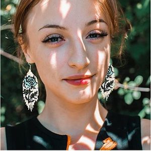 Turquoise Rose rice bead dangle bohemian earrings